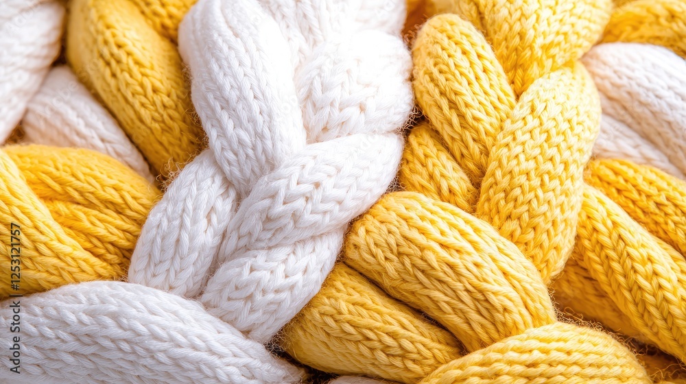 Close-up braided yellow and white yarn texture Close-up braided yellow and white yarn texture