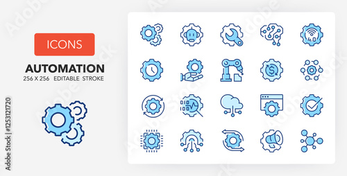 Line icons process automation conceps. Contains such icons as workflow, integration, engineering and more. 256x256 Pixel Perfect editable in two colors