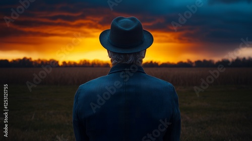 Middle-aged man in the countryside wearing a timeless hat, gazing at a fiery sunset over rural fields or flower meadows, lost in contemplation of life’s final chapter photo