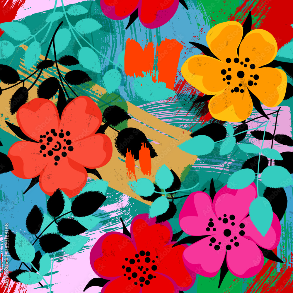 Valokuva floral seamless background pattern, with flowers, paint strokes and splashes, mu