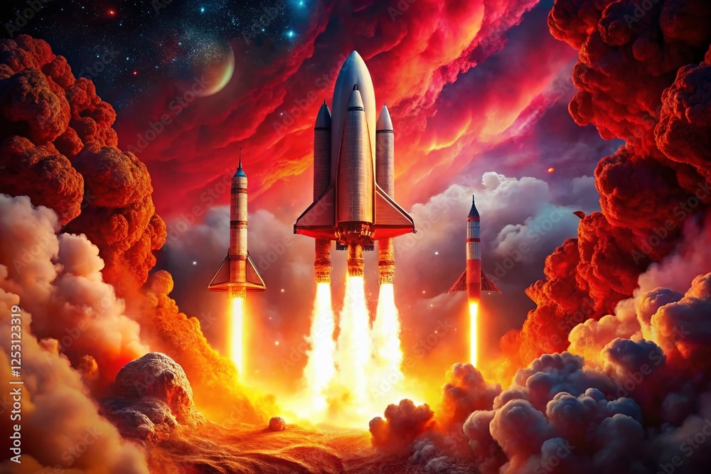 Fototapeta premium Powerful Rockets Launching into Fiery Red Sky - Dramatic Space Exploration Stock Photo