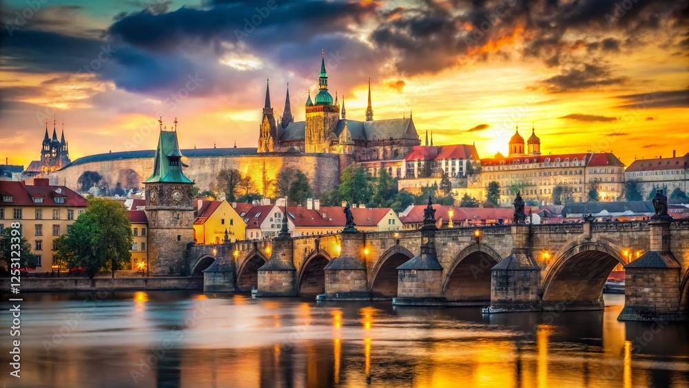 Fototapeta premium Prague's Iconic Charles Bridge and St. Vitus Cathedral: A Historic Cityscape