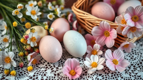 Pastel eggs nestled among delicate blossoms, capturing the essence of spring's gentle beauty.