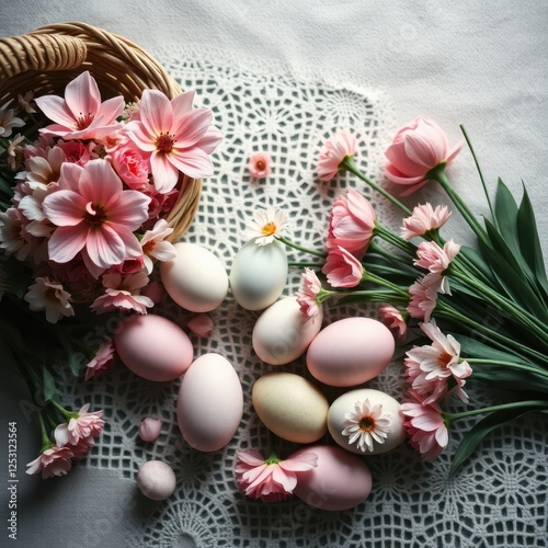 Elegant Easter still life: pastel eggs, pink flowers, and delicate lace create a serene spring scene.