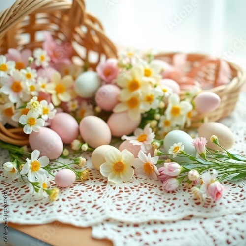 Pastel Easter: A basket overflows with eggs and spring blossoms on a delicate lace doily. Sweet celebration.