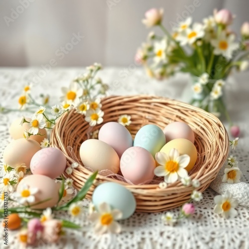Pastel Easter eggs nestled in a woven basket, surrounded by delicate white and yellow flowers.