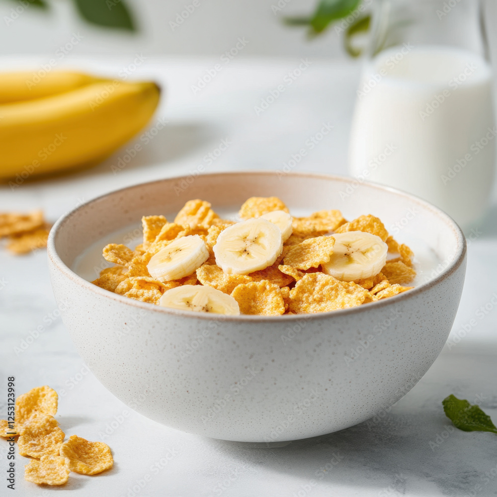 Crispy cornflakes topped with fresh banana slices in bowl, served with milk. delightful breakfast option that combines crunch and sweetness Crispy cornflakes topped with fresh banana slices in bowl, served with milk. delightful breakfast option that combines crunch and sweetness
