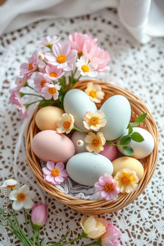 Easter basket filled with pastel-colored eggs and flowers, perfect for spring celebrations.