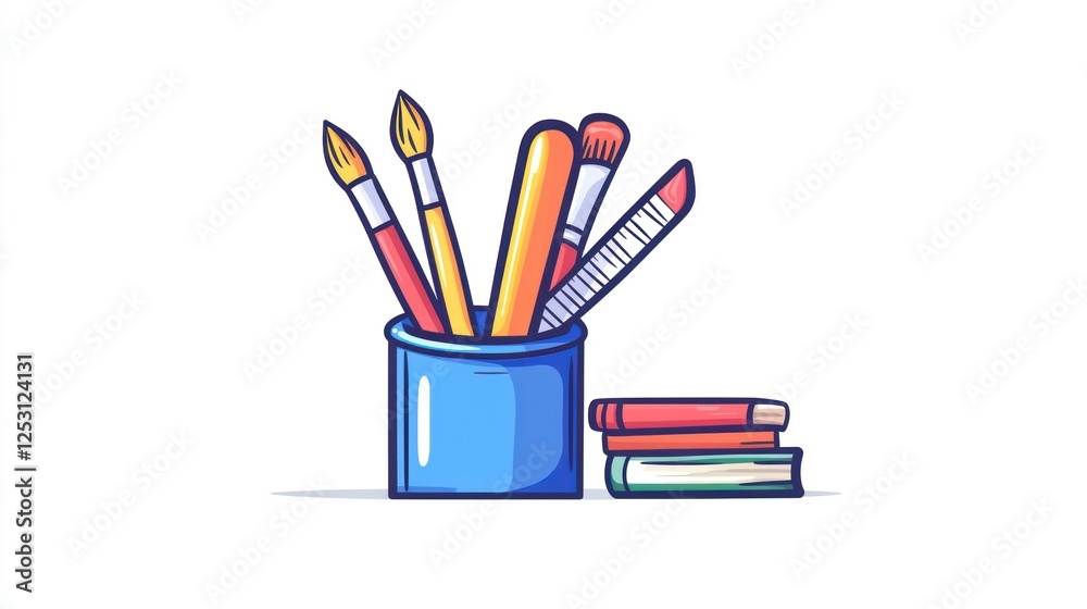 Colorful art supplies in a holder, books, studio workspace Colorful art supplies in a holder, books, studio workspace