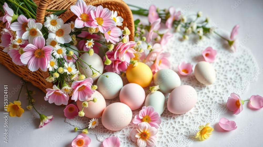 Pastel Easter eggs and flowers spilling from a basket, a charming seasonal still life. Spring celebration.