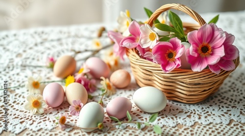 Floral Easter Basket: A charming arrangement of pastel eggs and pink blossoms, celebrating spring's arrival.