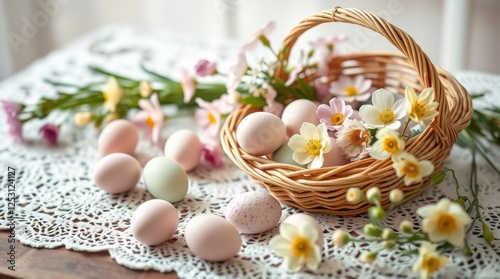 Pastel eggs and floral basket, a springtime celebration of color and life. Delicate decoration for a light mood.