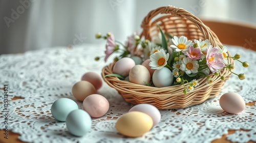 Pastel eggs in basket with spring flowers on a white lace tablecloth, soft lighting.  Festive season.