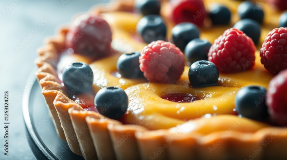Fresh fruit tart with bright raspberries and blueberries, filled with a luscious creamy filling. Fresh fruit tart with bright raspberries and blueberries, filled with a luscious creamy filling.