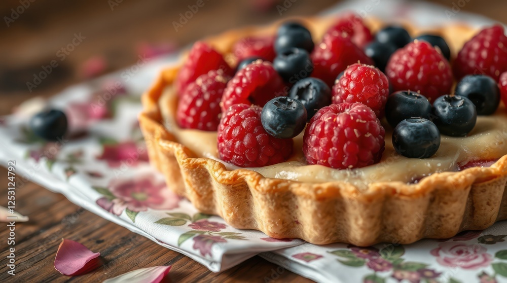 A tart adorned with juicy raspberries and blueberries, sitting on a patterned napkin, inviting dessert. A tart adorned with juicy raspberries and blueberries, sitting on a patterned napkin, inviting dessert.