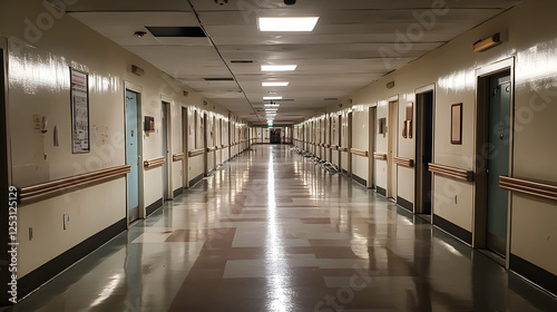 An abandoned hospital at night. The flickering lights barely illuminate the long  empty hallways where distant  muffled screams echo from unknown sources.