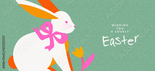 Happy Easter. Trendy Easter design with typography, spring flowers and Easter bunny. Modern art style. Horizontal poster, greeting card, website banner