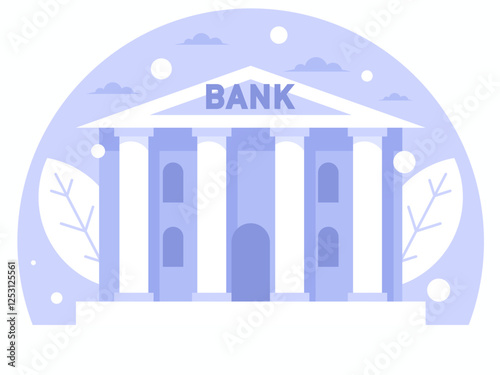 Bank building on leaves background. Credit organization. Vector graphics