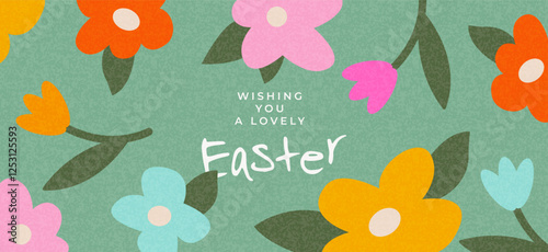 Happy Easter. Trendy Easter design with typography and hand drawn pattern with spring flowers. Modern art style. Horizontal poster, greeting card, website banner