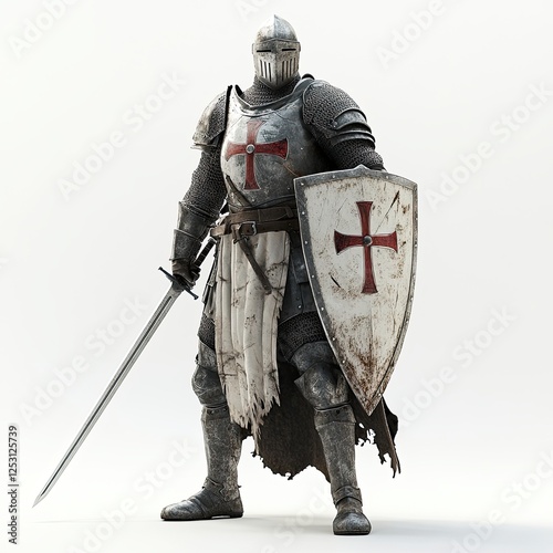 Medieval knight's close-up, isolated armor and helmet in ancient metal on a white background