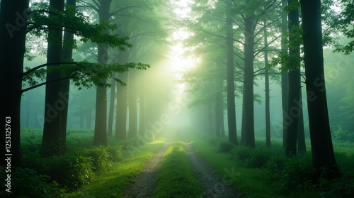 A misty forest in the early morning with tall, green trees and soft light filtering through the fog.