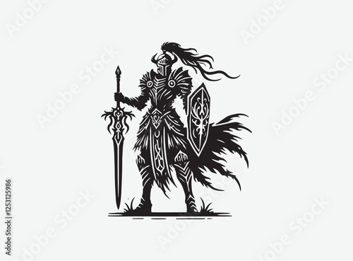 Fantasy Warrior Silhouette Black Solid Illustration of Epic Heroic Battle Character