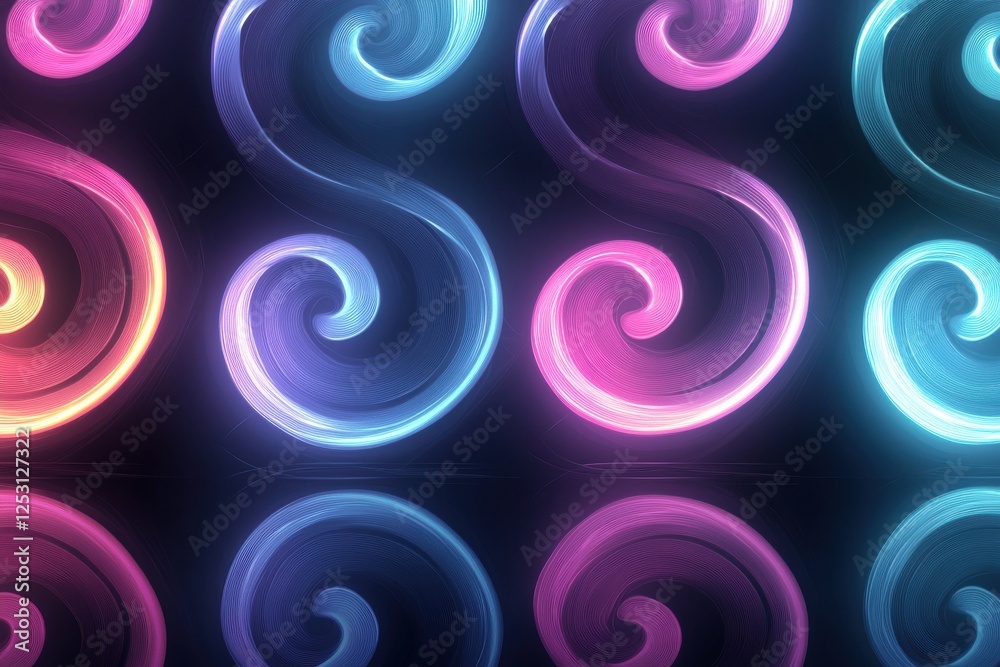 Naklejka premium Glowing abstract spirals create dynamic seamless pattern in soft pastel neon colors on a dark reflective background