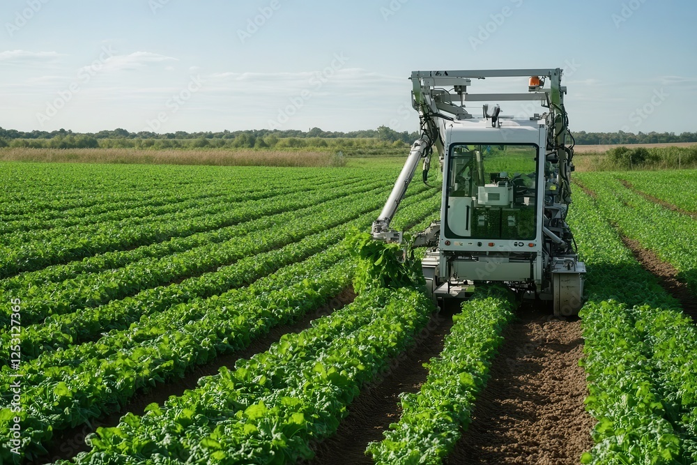 Efficient harvesting of fresh green lettuce with advanced machinery in a vibrant agricultural field. Generative AI Efficient harvesting of fresh green lettuce with advanced machinery in a vibrant agricultural field. Generative AI