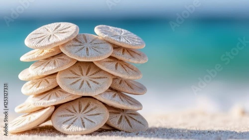 Stacked Sand Dollars on Beach Sand with Ocean Waves in Background on a Sunny Day