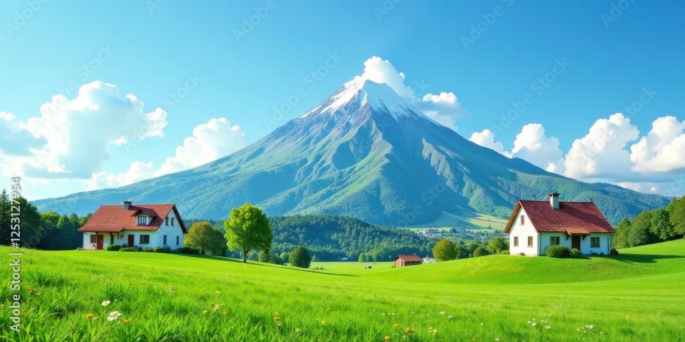 Fototapeta premium Idyllic Mountain Homescape Picturesque dwellings nestled on vibrant green meadows, overlooking a majestic snow-capped peak under a bright, sunny sky