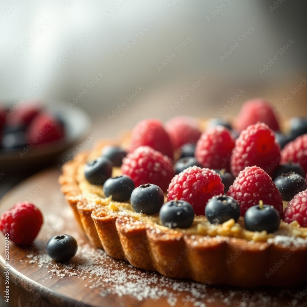 Delicious fruit tart with fresh raspberries and blueberries on a wooden board, dusted with sugar. Delicious fruit tart with fresh raspberries and blueberries on a wooden board, dusted with sugar.