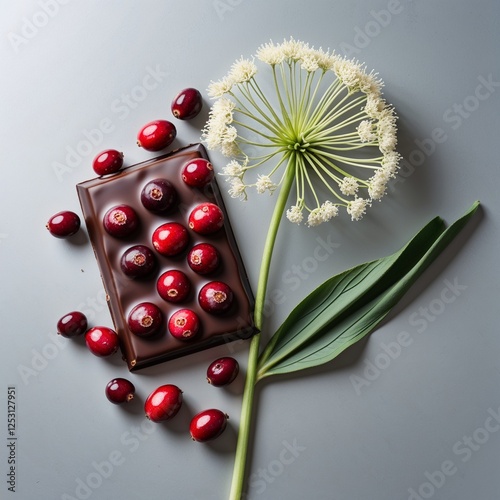 A allium flower and cranberryinfused chocolate on plain silver background photo