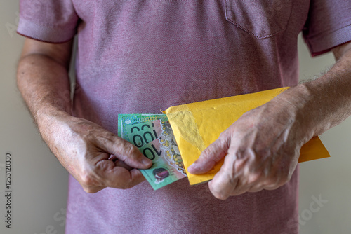 Close-up on a man's hand taking or placing a bundle of one hundred Australian dollar notes into an envelope. Concept illustration for bribing, corruption or cash payment. photo