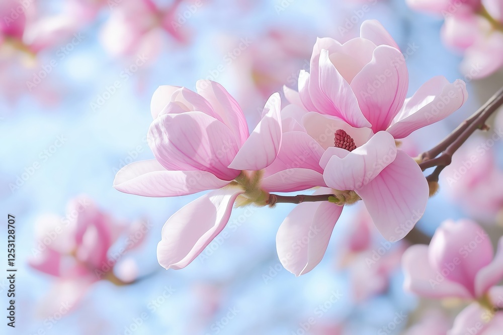 Obraz premium A magnolia branch covered in large pink blossoms framed against a soft blue sky, capturing the essence of springtime elegance