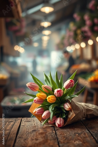 Tulip bouquet on rustic wooden table, floral arrangement with market backdrop. Fresh blooms.