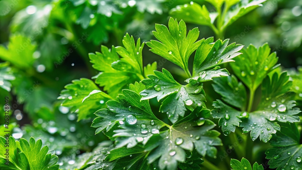Refreshing Water Droplets on Vibrant Parsley – Close-up Food Photography Refreshing Water Droplets on Vibrant Parsley – Close-up Food Photography