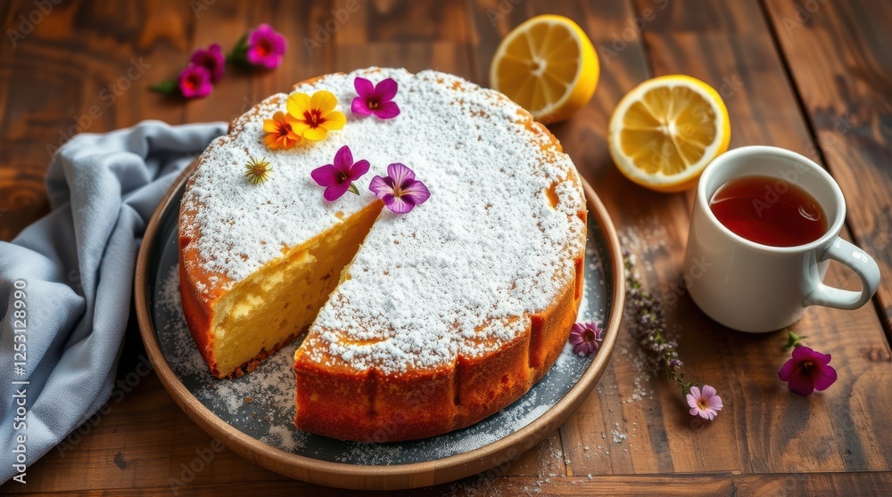 Lemon cake topped with powdered sugar and flowers, beside tea and lemon slices for a delightful treat. Lemon cake topped with powdered sugar and flowers, beside tea and lemon slices for a delightful treat.