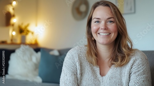 Make a foto of scandinavian 35  year old woman who is slightly overweight   listening online courses in her livingroom on her sofa being happy. living room looks scandinavian and warm