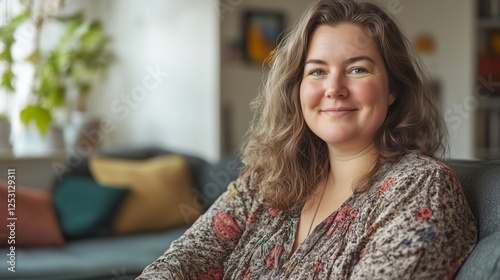 Make a foto of scandinavian 35+ year old woman who is slightly overweight , listening online courses in her livingroom on her sofa being happy. living room looks scandinavian and warm