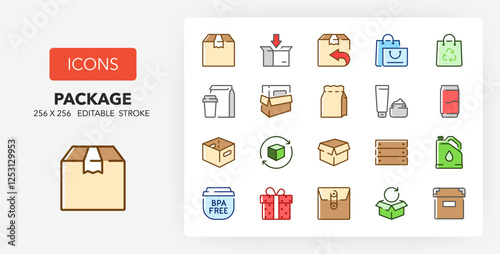 Line icons about package. Contains such icons as bag, wood box, envelope and more. 256x256 Pixel Perfect editable in colors
