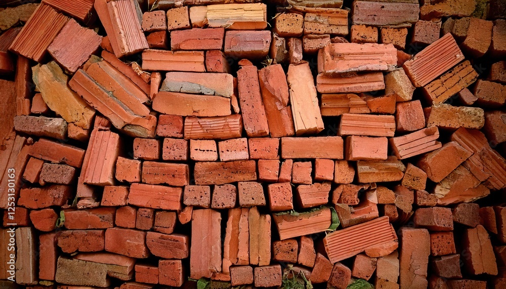 Fototapeta premium Variety of red bricks stacked haphazardly in a construction yard