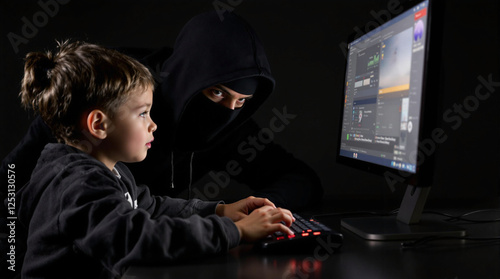 Cybercriminal in a mask deceives a child, scamming money through an online game. Child playing on a computer, with a fraudster in the background