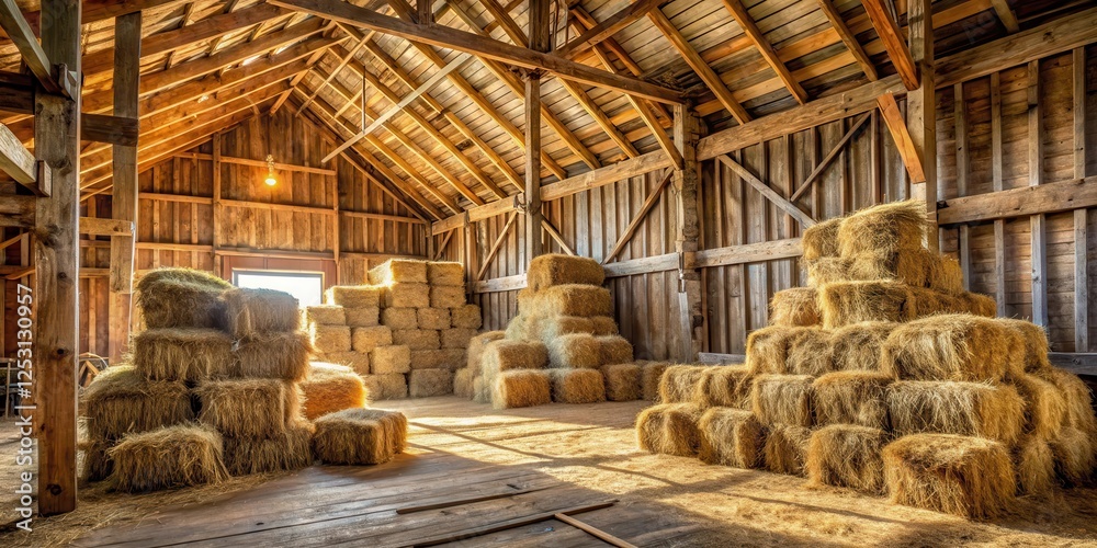 Hay Stacks in Rustic Wooden Barn Interior on Farm, farm interior Hay Stacks in Rustic Wooden Barn Interior on Farm, farm interior
