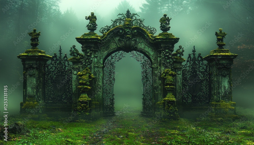 Fototapeta premium Mossy gate in foggy forest, mysterious entrance, fantasy setting