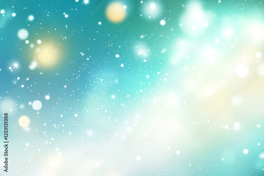 Obraz premium Abstract winter bokeh, soft teal and white background with glittering particles. Use for Christmas, New Year, or winter themes