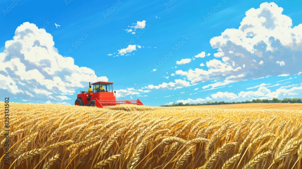 Fototapeta premium A red harvester is harvesting wheat in the field, and another farmer driving it is wearing yellow