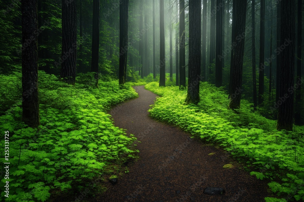 Naklejka premium A mystical forest trail surrounded by vibrant green foliage, with soft rain falling and mist drifting through tall trees, creating an ethereal and serene atmosphere