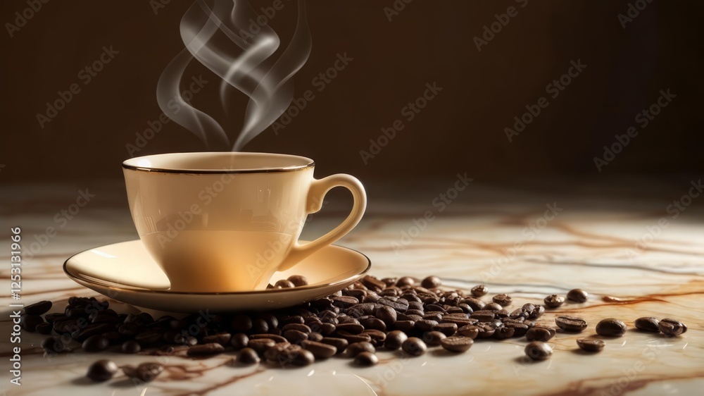 An elegant coffee cup with steam rising, placed on a marble countertop with coffee beans scattered around. An elegant coffee cup with steam rising, placed on a marble countertop with coffee beans scattered around.