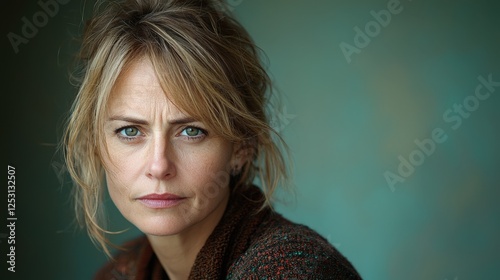 Candid Portrait of a Thoughtful Woman with Blue Eyes and Natural Beauty