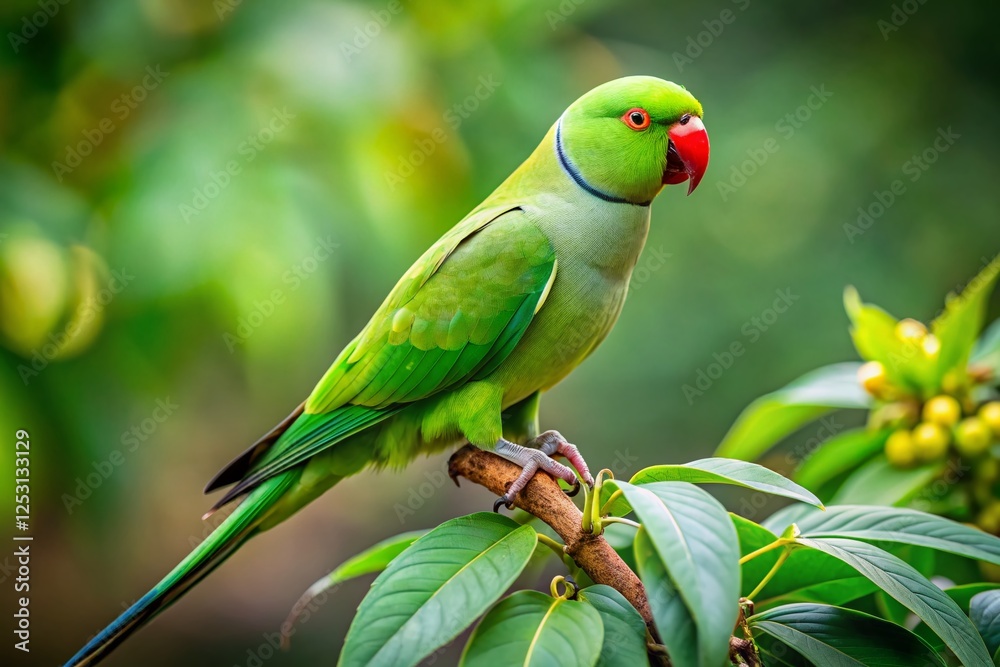 Rose-Ringed Parakeet Bird Portrait Left Side Copy Space - Vibrant Green Parrot